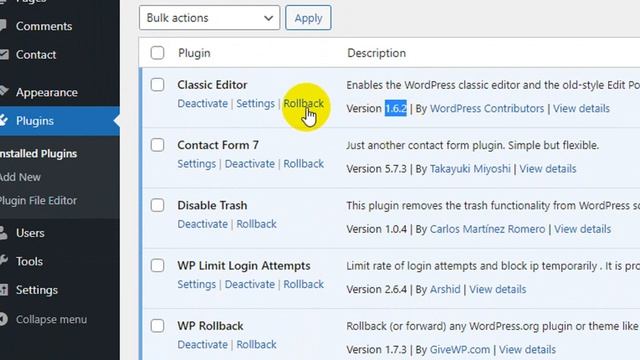 Rollback Any Plugin in WordPress