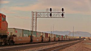 ENORMOUS 15,000 FT HIGH SPEED BNSF Intermodal Double Stack Freight Trains In The California Desert