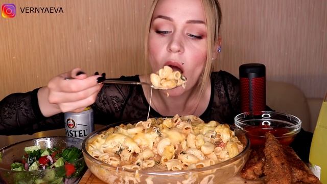 MUKBANG | Макароны  в сливочно-томатном соусе, сыром и грибами, курица | Pasta with cheese не ASMR
