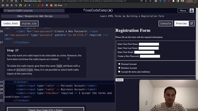 FreeCodeCamp - Learn HTML Forms By Building A Registration Form (21-30)