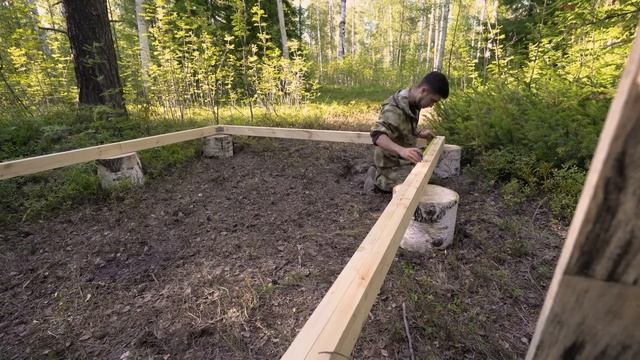 КАРКАСНЫЙ ДОМ В ЛЕСУ. СТРОЙКА ИДЁТ. СКОЛОТИЛ КОЗЛЫ ДЛЯ УДОБСТВА.