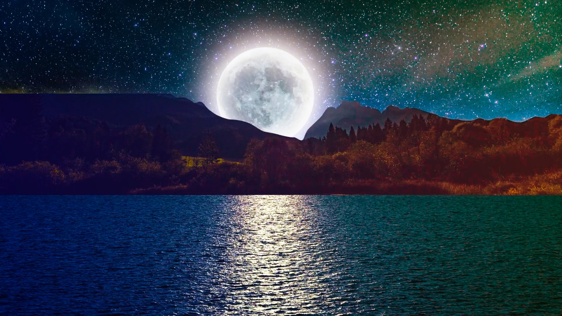 Звучание ночи. Озеро освещающие луной. Ночная атмосфера. Релакс в горах ночью. День и ночь.