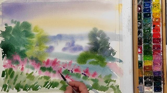 Летний вечер, быстрая и простая акварель по-мокрому смотреть онлайн