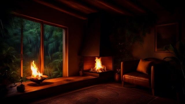 Eternal Rain Laying next to a Cozy Fireplace on Cabin Log under Pouring Rain On Window For Sleeping смотреть онлайн