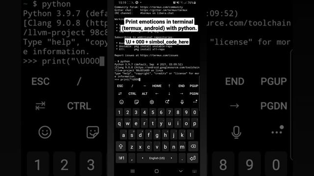 Print emoticons in terminal (termux, linux, android) with python. Как печатать смайлы в терминале.