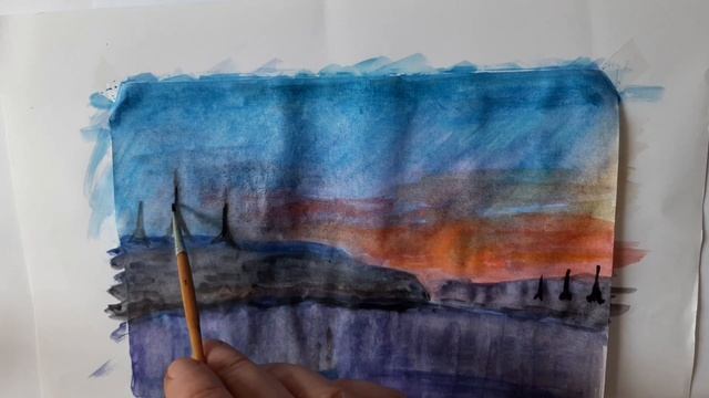 Рисунок акварелью, вечерний город, река, закат, watercolor смотреть онлайн