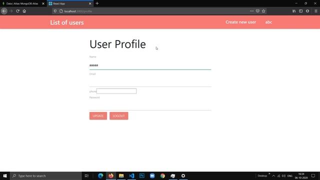 User authentication/login/signup using CRUD (ReactJs, NodeJS, ExpressJs, MongoDB)