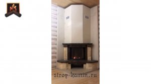 Дом из бревна с угловым дровяным камином Кантри- топка АСТОВ ПП 6957 в облицовке из мрамора под ключ