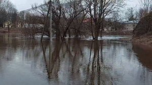 Ранний паводок на р.Шелонь. Сброс воды с водохранилища Псковской ГРЭС в п.Дедовичи. 26.03.2023г