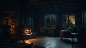 Уютная атмосфера хижины с тихим ночным дождем и звуками камина