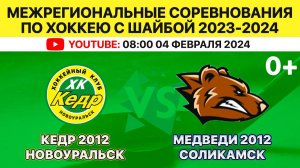 Межрегиональные соревнования по хоккею Кедр-2012 Новоуральск-Медведи-2012 Соликамск. 04.02.2024.