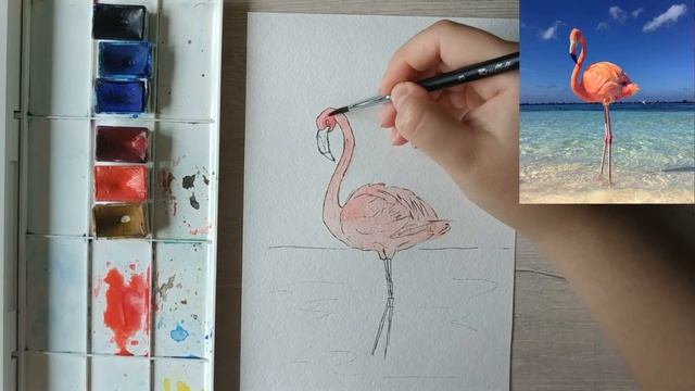 Как нарисовать Розового Фламинго акварелью. Уроки рисования. Скетчинг для начинающих.15-ти минутка!