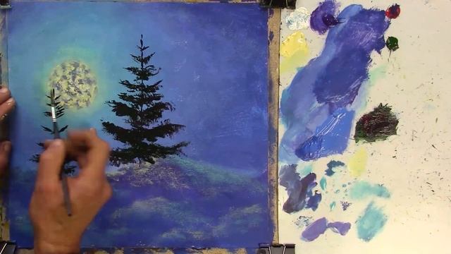 Рисуем простой Новогодний и Рождественский пейзаж акрилом - художник Валерий Рыбаков.