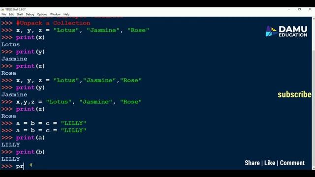 Python in Telugu | Assign One Value, Multiple Values to Multiple Variables & Unpack a Collection