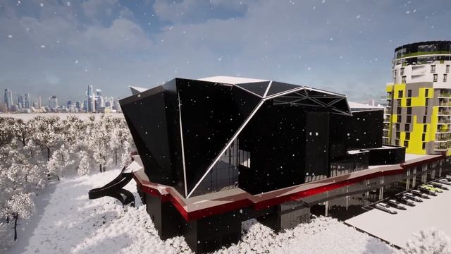 Видео пролет с переменой погодных условий вокруг жилого дома с торговым центром