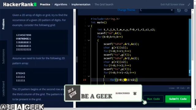 The grid search hackerrank solution in C @BE A GEEK | Hindi | смотреть онлайн