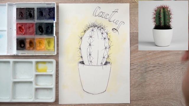 Урок рисования акварельными красками. Как нарисовать милый и колючий кактус.