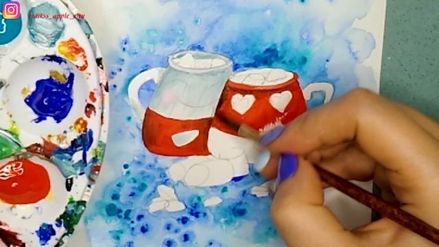 Рисуем две чашечки кофе.  ?? Атмосферная, милая открытка своими руками.  ??? Открытка для влюблённы
