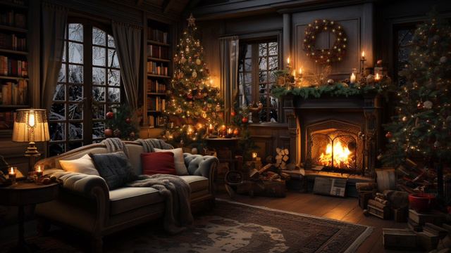 Cozy Christmas Cottage Ambience     Relaxing Fireplace Snowstorm  Sleigh Bells   CottageCore
