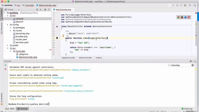 Пример подключения сервиса внутри контроллера Symfony