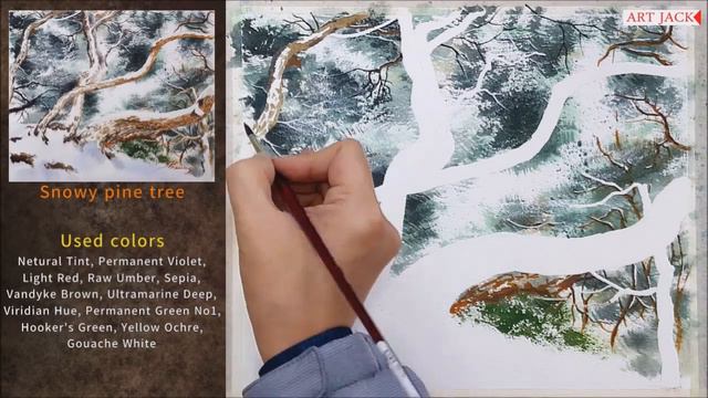 Watercolor | How to paint snowy pines | Masking technique | Easy tutorial [ART JACK] смотреть онлайн