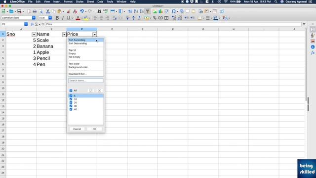 How to sort a table in descending or ascending order in LibreOffice Calc?