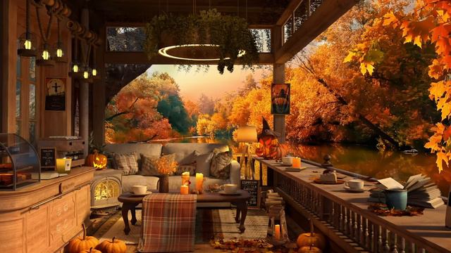 4K Autumn Cozy Coffee Balcony 🍁 Piano Jazz Music for Relaxing, Studying and Working смотреть онлайн
