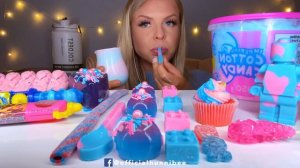 ASMR *BLUE & PINK FOOD* COTTON CANDY MARSHMALLOW FLUFF, CHOCOLATE LEGO MAN, JELLY CAKE MUKBANG 먹방