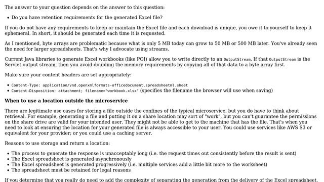 Software Engineering: Generate large Excel files and response from API