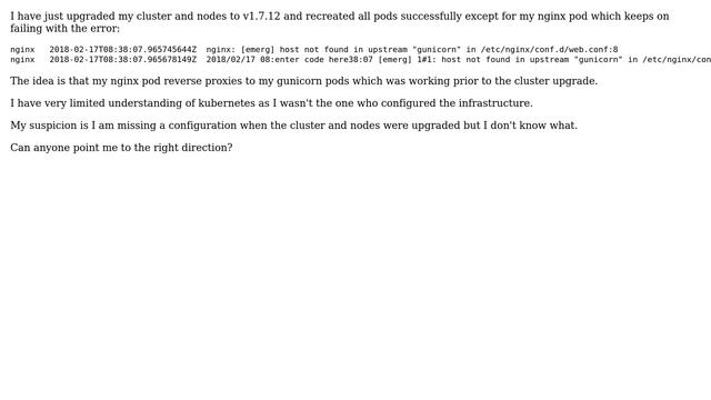 Gcloud kubernetes nginx unable to find upstream host after cluster upgrade смотреть онлайн
