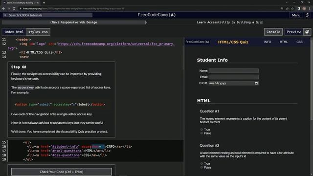 learn2code | freeCodeCamp (New) Responsive Web Design  -  Building a Quiz: Step 68