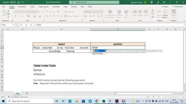 TRIM Function in Excel- Remove Extra Space Between Words in Text String  (Learn Excel In Hindi)
