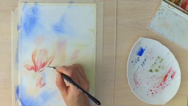 Акварель. Птичка и магнолия. смотреть онлайн