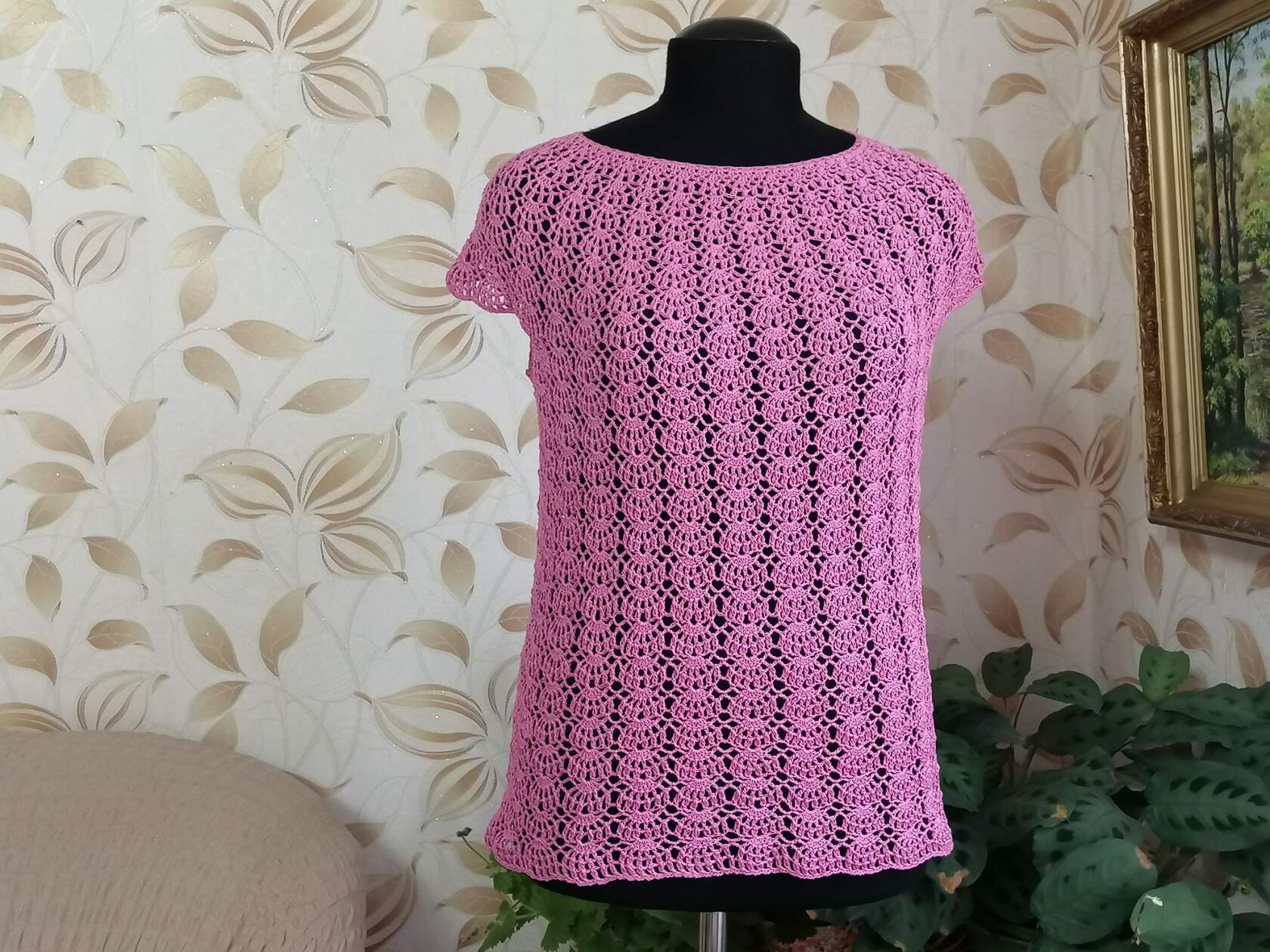 №165  #вязание _Розовые веерочки_ Летняя кофточка крючком на круглой кокетке просто_как вязала_схема