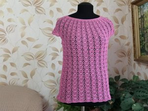 №165  #вязание _Розовые веерочки_ Летняя кофточка крючком на круглой кокетке просто_как вязала_схема