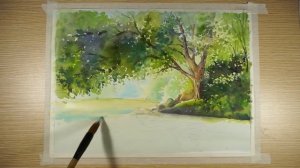 Tree over a Lake | Watercolor landscape painting