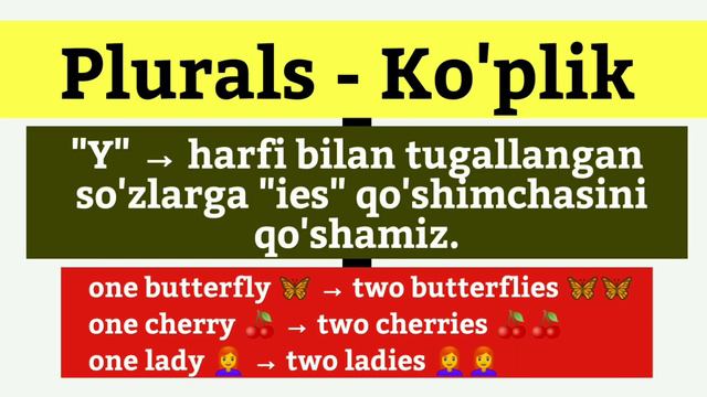 Plurals - Ko'plik. Ingliz tilida ko'plik qo'shimchasi S, IES, ES va VES qo'shimchalarini qo'shilish