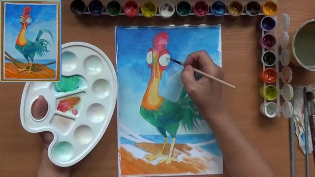 Как нарисовать петуха Хей- Хея. Герой из мультфильма Моана. Гуашь