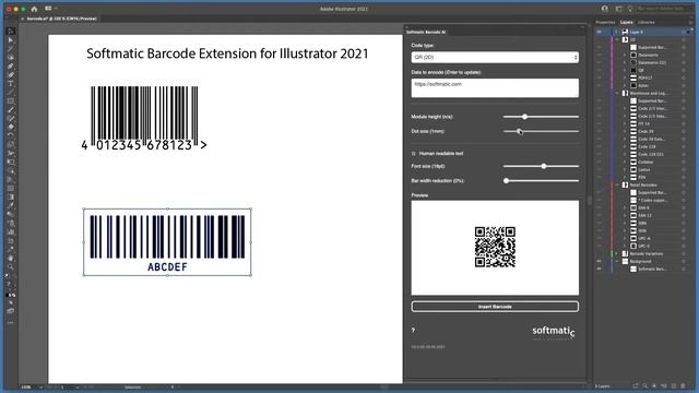 Softmatic Barcode Extension V2 for Adobe Illustrator CC - Create QR, EAN, UPC, Code 128, Aztec
