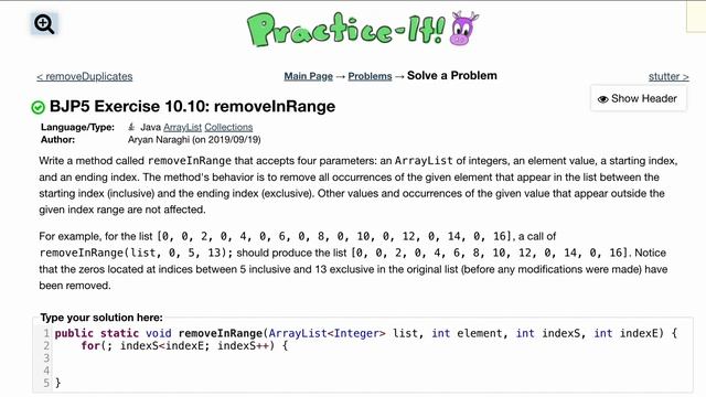 Java Practice It | Exercise 10.10: removeInRange | ArrayList, collections, array list