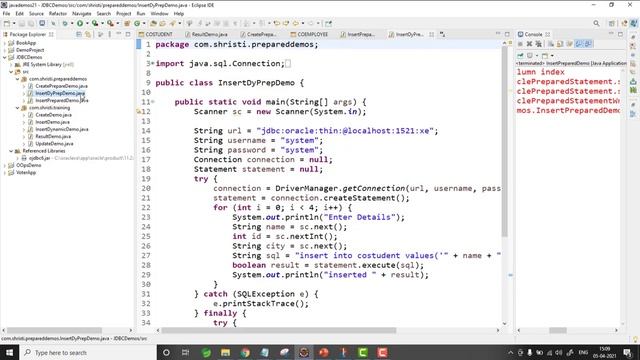 JDBC Tutorial for beginners -  Insert data into oracle db using PreparedStatement