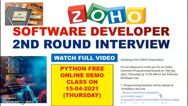 ZOHO SOFTWARE DEVELOPER 2ND ROUND INTERVIEW Mail | Python Free Online Demo Class | Apply Now | Tami смотреть онлайн