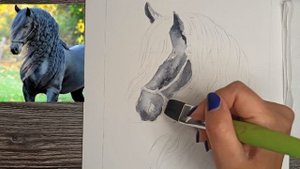 Рисуем акварелью “Портрет лошади” порода Фриз. Бесплатные уроки рисования на Ютуб.