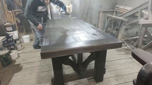 Покраска садовой мебели морилкой и лаком на водной основе комбинированным способом(кисть+распыление