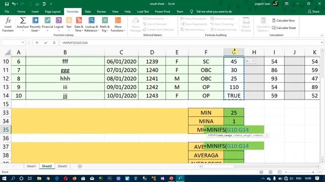 Lecture - 141 : Excel : MINIFS, MINA and MIN and AVERAGEIFS, AVERAGEA and AVERAGE function