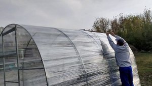 Покрыли стандартную, четырехметровую теплицу стрейч пленкой.