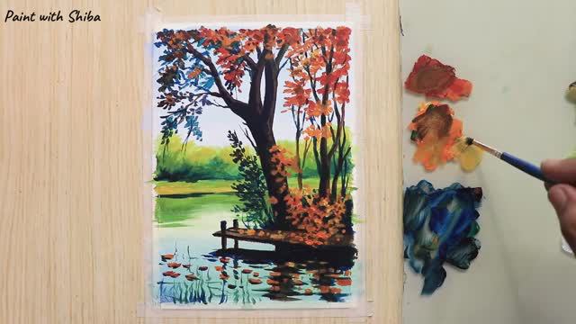 Простой пейзаж с осенним деревом / Акриловая живопись смотреть онлайн