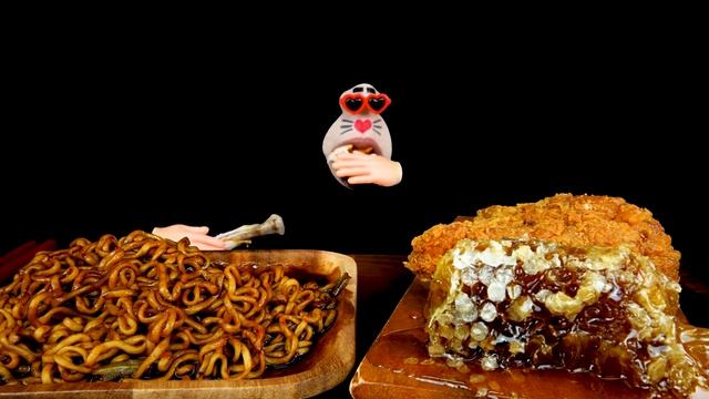 ASMR MUKBANG :) Honeycomb Fried Chicken & Black Bean Noodles Eating Show!