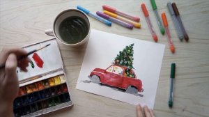 Рисуем новогоднюю открытку // Рождественские рисунки // Машина с ёлкой на крыше