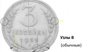 3 копейки 1935 года - Старый герб. Разновидности по узелкам и цена.
